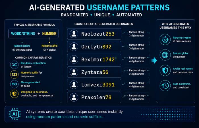 visualisation of AI-generated username patterns showing random letter and number combinations