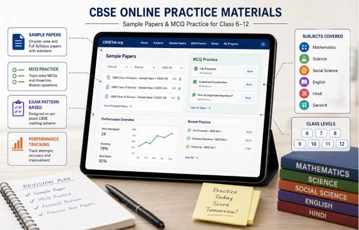 CBSE sample papers and online MCQ practice materials displayed