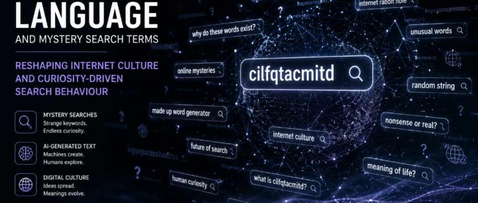 Abstract visualisation of AI-generated language patterns and internet search terms floating