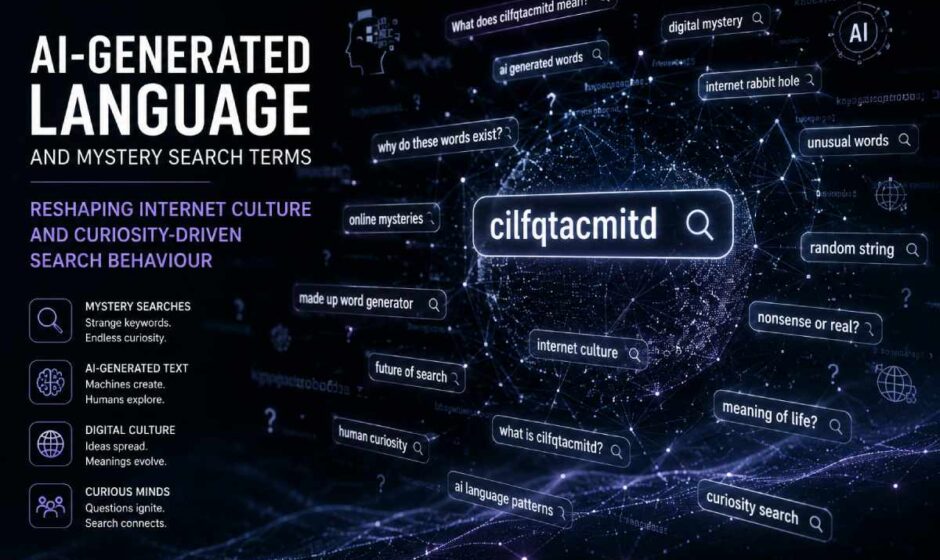 Abstract visualisation of AI-generated language patterns and internet search terms floating