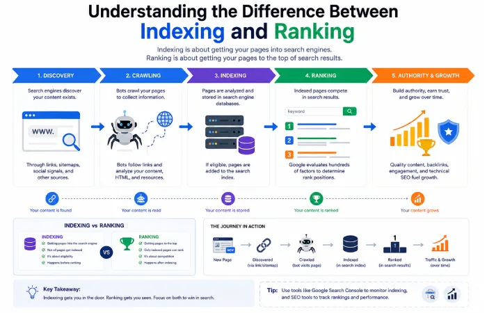 SEO process showing discovery, crawling, indexing, ranking and authority stages.
