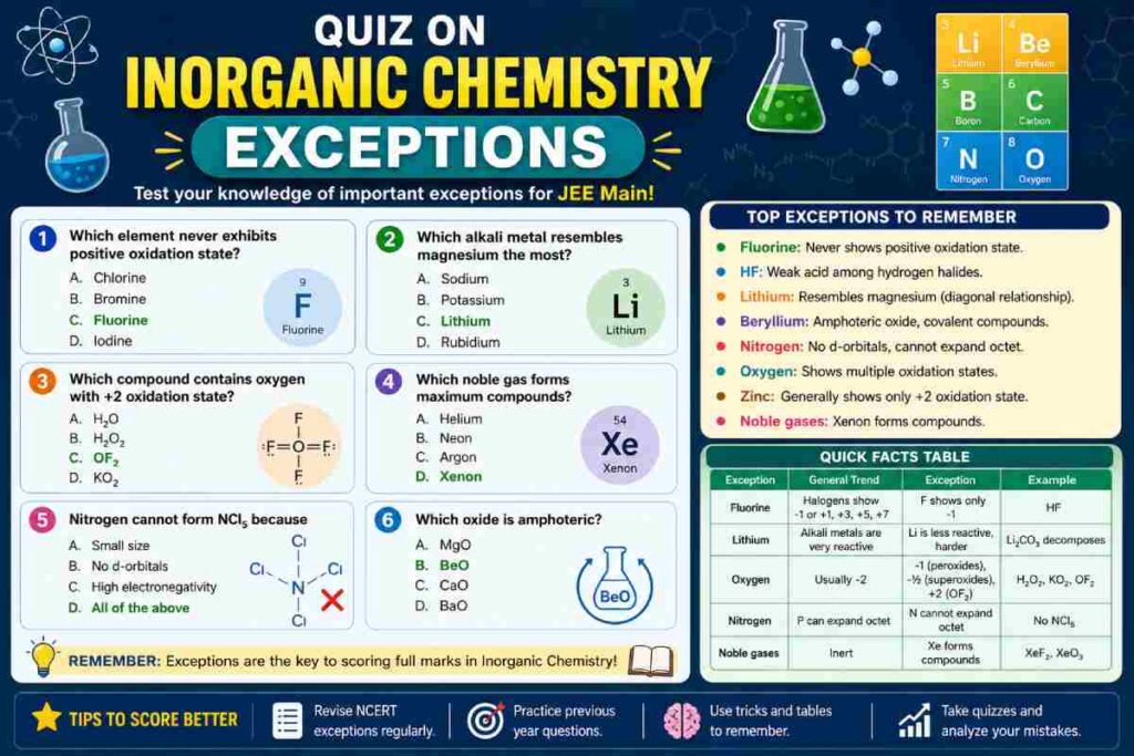 create a quiz on inorganic chemistry exceptions to help me revise for my jee main exam.